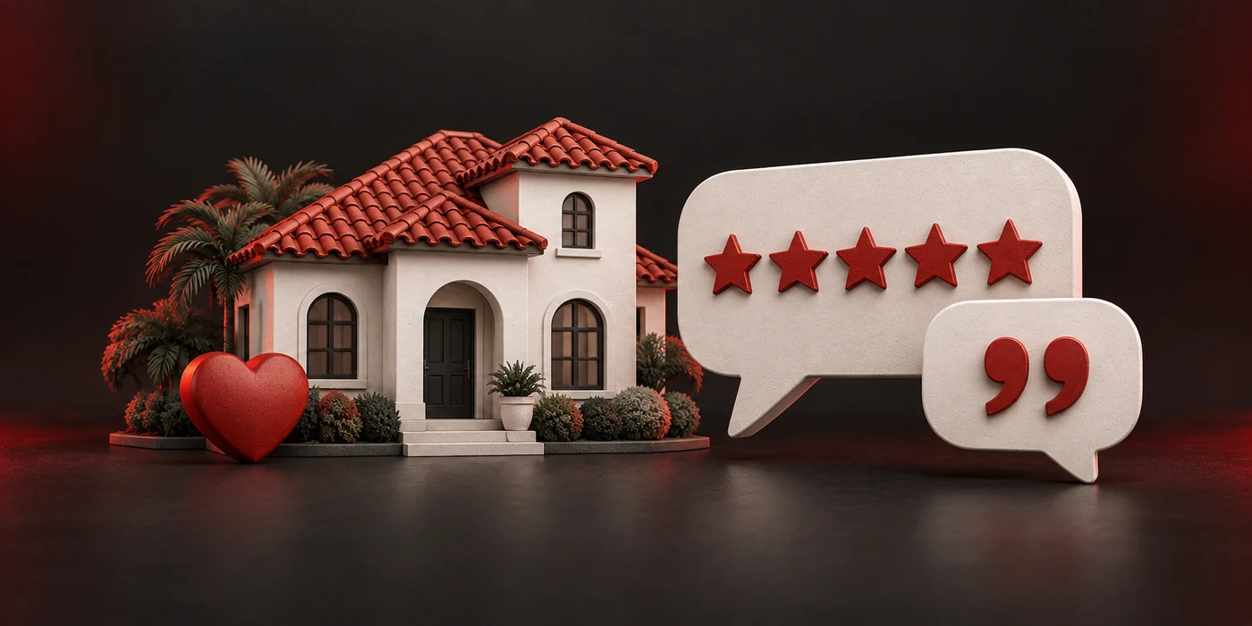 Illustration of a tile-roof home beside five-star feedback and quotation bubbles