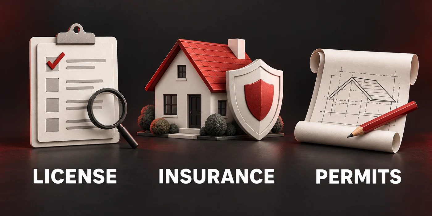 Illustrated hiring checklist: a clipboard for license verification, a house and shield for insurance, and roof plans for permits.