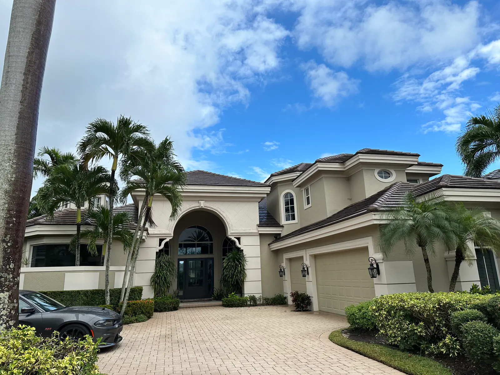 Dark flat-profile tile roof on a large two-story stucco home framed by palm trees.