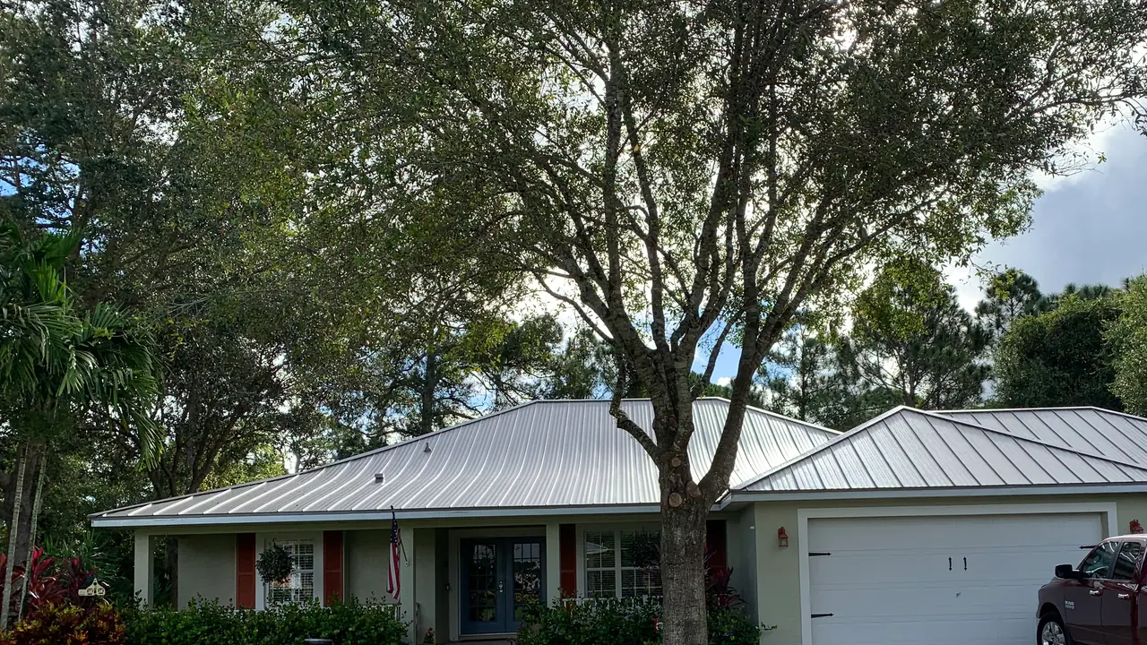 Silver metal roof on a single-story home surrounded by mature trees.