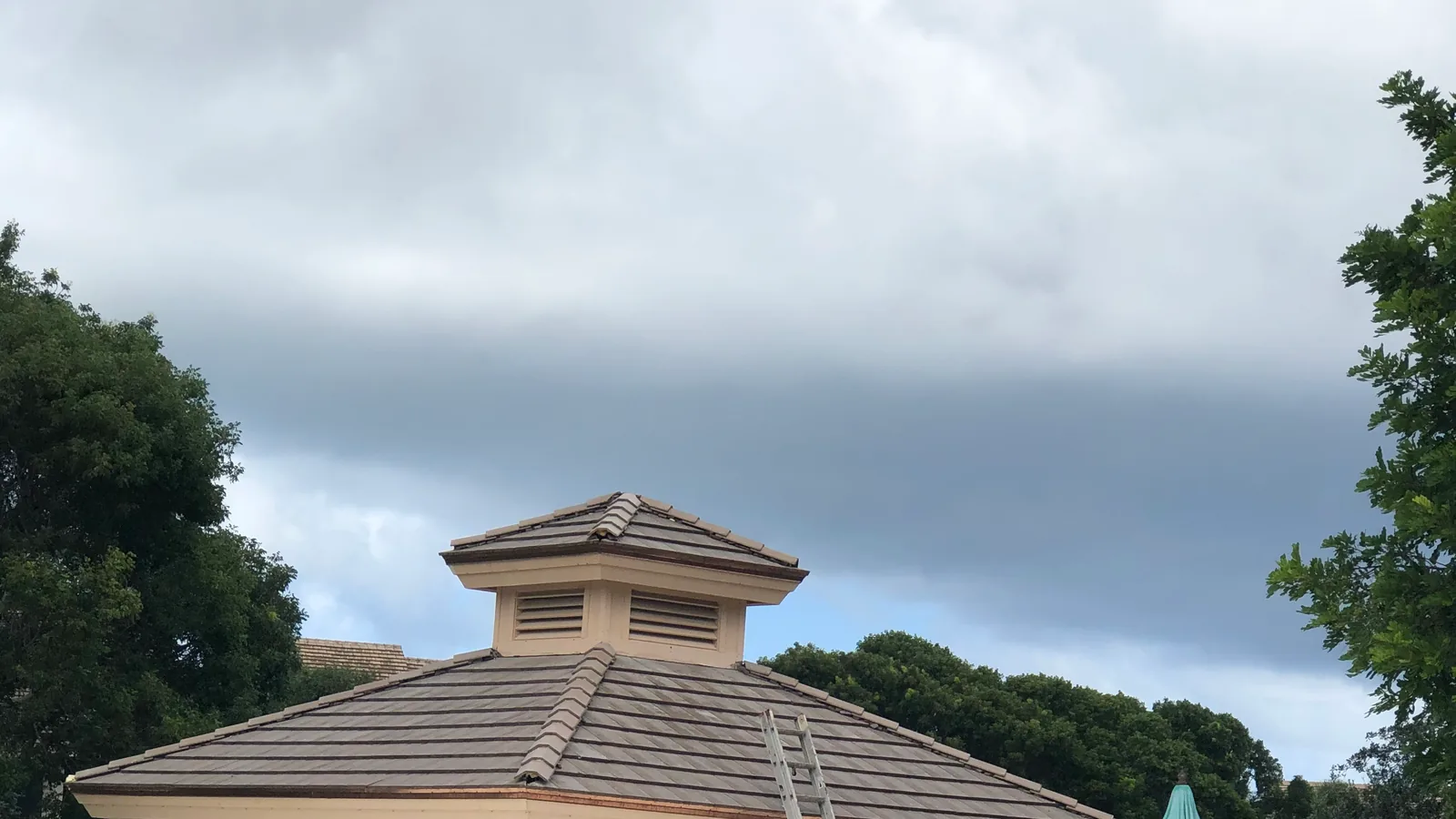 Tile roof and cupola on a poolside pavilion with a ladder in place.