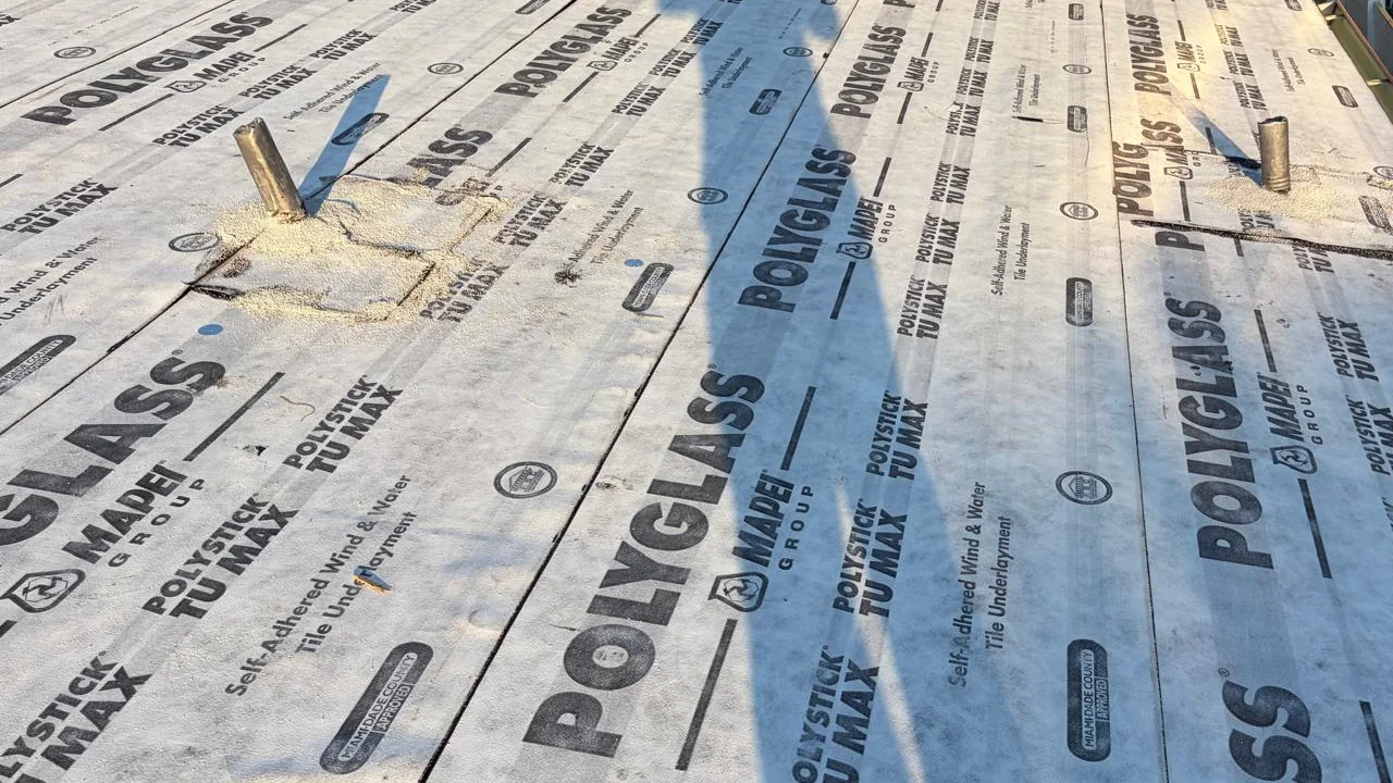 Polyglass Polystick TU MAX dry-in covering a tile reroof in progress in Miramar, Florida